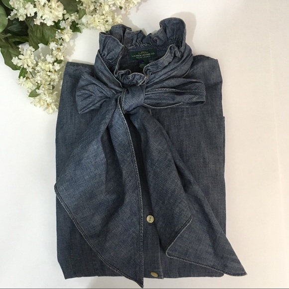 ralph lauren denim tie neck blouse